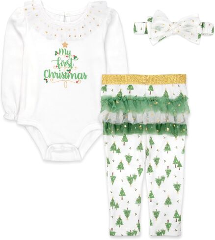 Baby Girl Christmas Outfit 3pc Set – Bodysuit Onesie, Leggings with Gold Waistband, and Bow Headband in Saudi Arabia