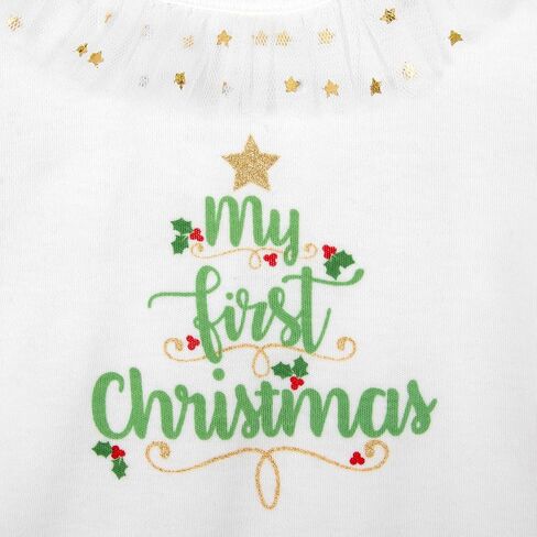 Baby Girl Christmas Outfit 3pc Set – Bodysuit Onesie, Leggings with Gold Waistband, and Bow Headband in Saudi Arabia