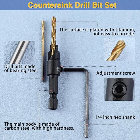 5Pcs Countersink Drill Bit Set for Wood Drill Bits for Holes Tapered Drill Bits Counter Sinker Drill Bit Set with Allen Wrench Pilot Screw Hole Set 82-Degree Chamfer Titanium Coated in Saudi Arabia