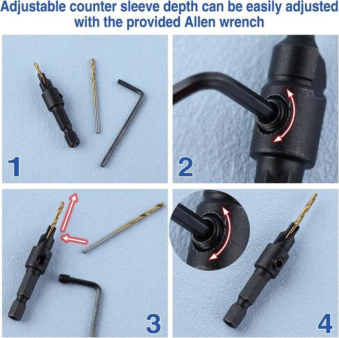 5Pcs Countersink Drill Bit Set for Wood Drill Bits for Holes Tapered Drill Bits Counter Sinker Drill Bit Set with Allen Wrench Pilot Screw Hole Set 82-Degree Chamfer Titanium Coated in Saudi Arabia