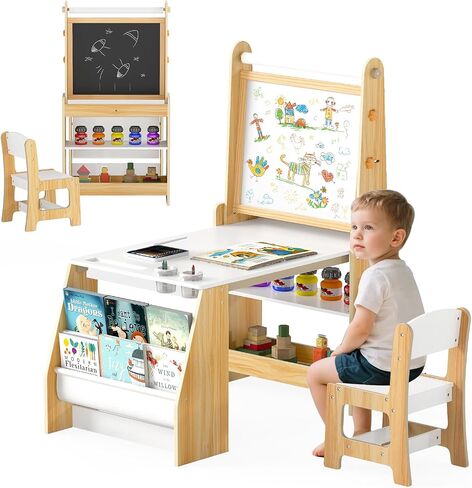 HONEY JOY Kids Art Table and Chair Set, Wooden Arts and Crafts Activity Set w/Adjustable Magnetic Whiteboard & Chalkboard, Paper Roll, Bookshelves & Storage Shelves, Toddler Table(Natural) in Saudi Arabia