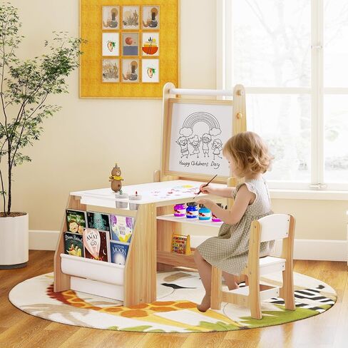 HONEY JOY Kids Art Table and Chair Set, Wooden Arts and Crafts Activity Set w/Adjustable Magnetic Whiteboard & Chalkboard, Paper Roll, Bookshelves & Storage Shelves, Toddler Table(Natural) in Saudi Arabia