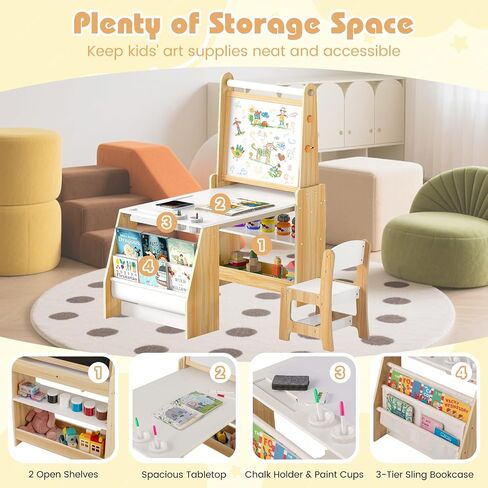 HONEY JOY Kids Art Table and Chair Set, Wooden Arts and Crafts Activity Set w/Adjustable Magnetic Whiteboard & Chalkboard, Paper Roll, Bookshelves & Storage Shelves, Toddler Table(Natural) in Saudi Arabia