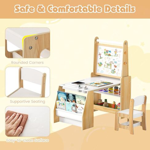 HONEY JOY Kids Art Table and Chair Set, Wooden Arts and Crafts Activity Set w/Adjustable Magnetic Whiteboard & Chalkboard, Paper Roll, Bookshelves & Storage Shelves, Toddler Table(Natural) in Saudi Arabia