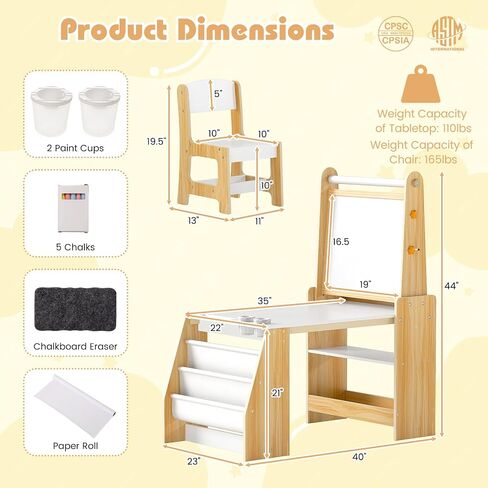 HONEY JOY Kids Art Table and Chair Set, Wooden Arts and Crafts Activity Set w/Adjustable Magnetic Whiteboard & Chalkboard, Paper Roll, Bookshelves & Storage Shelves, Toddler Table(Natural) in Saudi Arabia