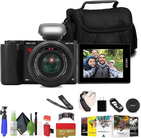 كاميرا رقمية Minolta MNF10Z بدقة 72 ميجابكسل مع تكبير بصري 10x، فيديو بدقة 5K UHD، شاشة قلابة، حزمة رؤية ليلية بالأشعة تحت الحمراء مع حامل ثلاثي القوائم لمدونات الفيديو + ملحقات (فضي) in Saudi Arabia