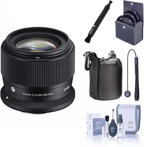 عدسة سيجما 56 ملم f/1.4 DC DN المعاصرة لكاميرا Canon RF، حزمة مع حقيبة عدسة نيوبرين، طقم فلتر 55 ملم، حبل غطاء العدسة ومجموعة التنظيف in Kuwait