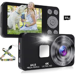 Digital Camera Kids UHD 4K : 64MP Point and Shoot Cameras with 18X Zoom - 64GB Compact Small Vintage Camera for Boys Girls Teens Beginners, Portable Pocket Photography Vlogging Cameras, Black in Saudi Arabia