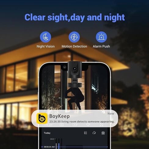 كاميرا BoyKeep 2.4G/5G صغيرة Wi-Fi مع تطبيق الهاتف، 1080P، كشف الحركة، صوت ثنائي الاتجاه، رؤية ليلية، تخزين سحابي وبطاقة الذاكرة، K11، قطعة واحدة in Kuwait