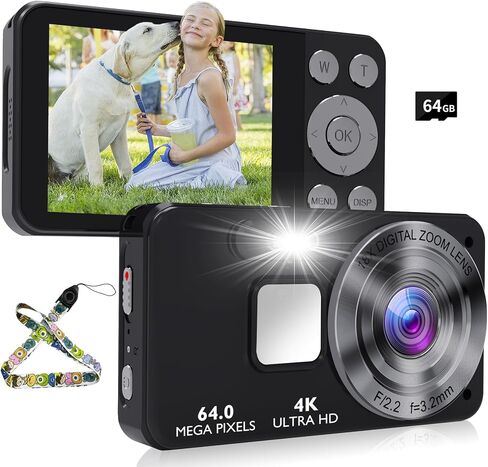 Digital Camera Kids UHD 4K : 64MP Point and Shoot Cameras with 18X Zoom - 64GB Compact Small Vintage Camera for Boys Girls Teens Beginners, Portable Pocket Photography Vlogging Cameras, Black in Saudi Arabia