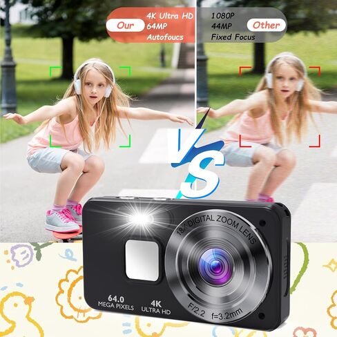 Digital Camera Kids UHD 4K : 64MP Point and Shoot Cameras with 18X Zoom - 64GB Compact Small Vintage Camera for Boys Girls Teens Beginners, Portable Pocket Photography Vlogging Cameras, Black in Saudi Arabia
