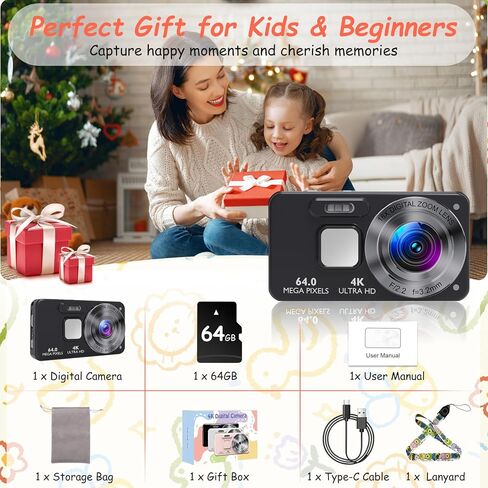 Digital Camera Kids UHD 4K : 64MP Point and Shoot Cameras with 18X Zoom - 64GB Compact Small Vintage Camera for Boys Girls Teens Beginners, Portable Pocket Photography Vlogging Cameras, Black in Saudi Arabia