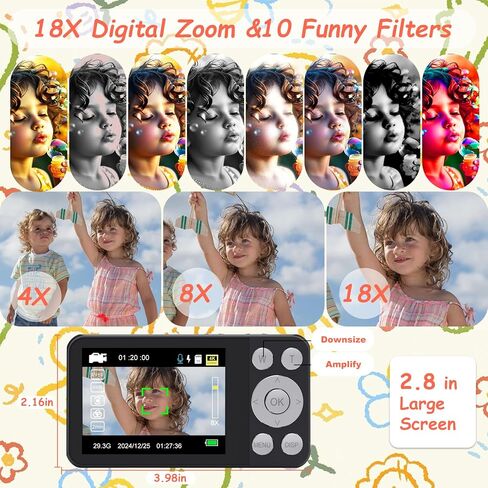 Digital Camera Kids UHD 4K : 64MP Point and Shoot Cameras with 18X Zoom - 64GB Compact Small Vintage Camera for Boys Girls Teens Beginners, Portable Pocket Photography Vlogging Cameras, Black in Saudi Arabia