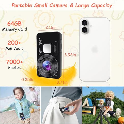 Digital Camera Kids UHD 4K : 64MP Point and Shoot Cameras with 18X Zoom - 64GB Compact Small Vintage Camera for Boys Girls Teens Beginners, Portable Pocket Photography Vlogging Cameras, Black in Saudi Arabia