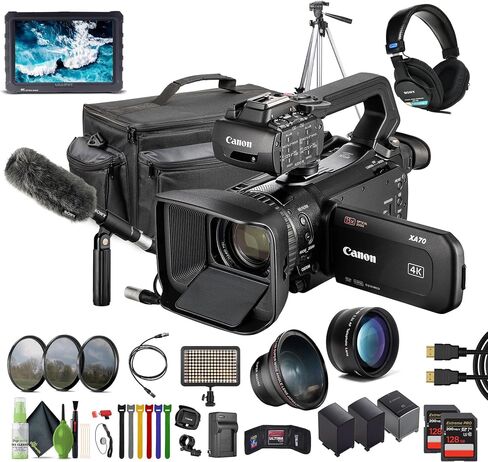 Canon XA70 PAL 4K UHD / 25p Camcorder Bundle with 2X 128GB Memory Card + Condenser Microphone + Professional Stereo Headphones + Tripod + Carrying Case + 7 inch Full HD Monitor in Saudi Arabia