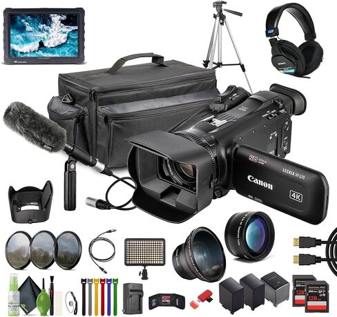 Canon LEGRIA HF G70 PAL UHD 4K Camcorder Bundle with 2X 128GB Memory Card + Condenser Microphone + Professional Stereo Headphones + Tripod + Carrying Case + LED Light + A7S 7 inch Full HD Monitor in Saudi Arabia