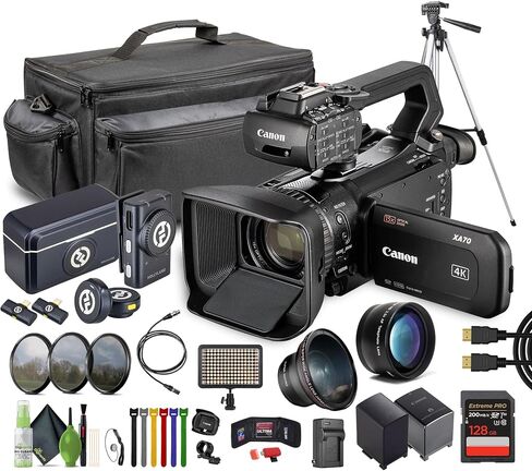 Canon XA70 PAL 4K UHD / 25p Camcorder Bundle with 128GB Memory Card + Extra Battery + Charger + 2-Person Wireless Combo Microphone System + Video Tripod + Carrying Case + Cleaning kit + LED Light in Saudi Arabia