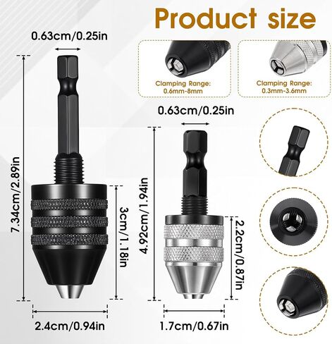 2 PCS Keyless Drill Chuck for Impact Driver, 1/4 Inch Hex Shank Drill Chuck Fast Change Converter Extension Drills Bit Adapter Keyless Chucks, Chucks Conversion Adapter in (0.6-8mm,0.3-3.6mm) in Saudi Arabia