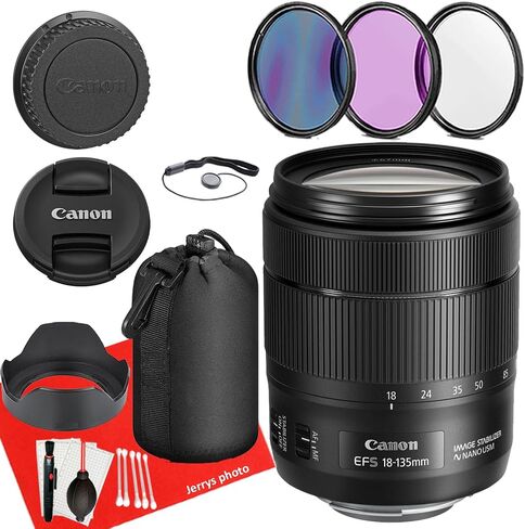 Canon EF-S 18-135mm f/3.5-5.6 is USM Lens for Canon EF-S-Mount APS-C DSLRs + Lens Case + 3 PC Filters + Hood + Dust Blower + Sensor Brush Pen + Cap Keeper + More (12pc Bundle), Black (Renewed) in Saudi Arabia