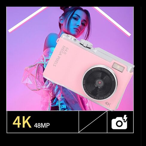 Digital Camera, 1080P HD Camera, 48MP Front Rear Dual Lens with 16X Zoom, Auto Beauty Filter, 2.4 Inch Screen Autofocus, for All Ages (Rose Gold) in Kuwait