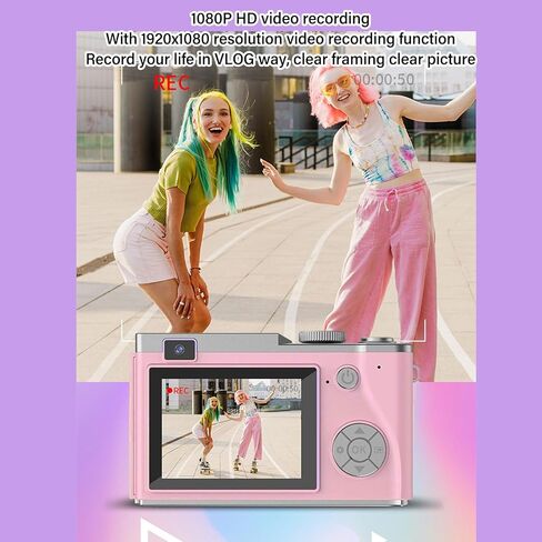 Digital Camera, 1080P HD Camera, 48MP Front Rear Dual Lens with 16X Zoom, Auto Beauty Filter, 2.4 Inch Screen Autofocus, for All Ages (Rose Gold) in Kuwait