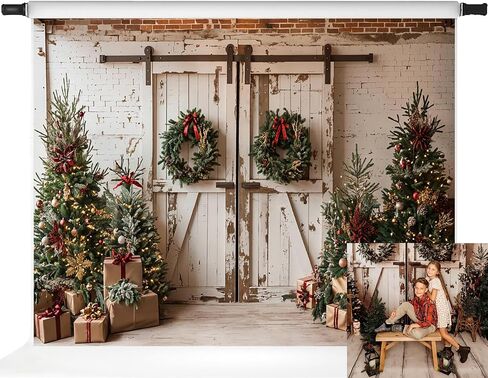 Kate Christmas Barn Door Backdrop for Photography Trees Wrapped Gifts Rustic Christmas Holiday Photography Background Studio Props, 10x6.5ft in Saudi Arabia