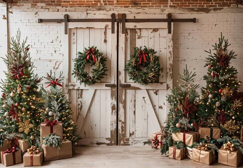 Kate Christmas Barn Door Backdrop for Photography Trees Wrapped Gifts Rustic Christmas Holiday Photography Background Studio Props, 10x6.5ft in Saudi Arabia