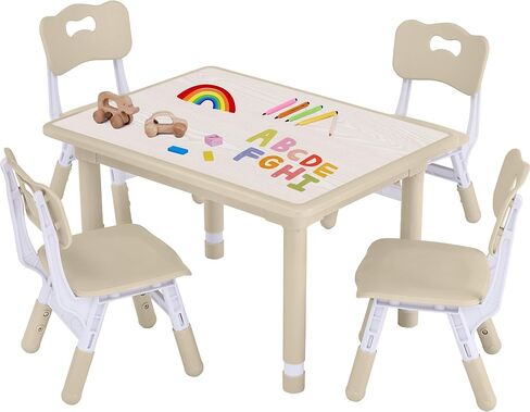 Toddler Table and Chair Set, Height Adjustable-Upgrade Kids Table and 4 Chairs for Ages 3-8, Multi-Activity Toddler Play Table with Graffiti Desktop for Home/Daycare (4Chairs Natural) in Saudi Arabia