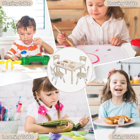 Toddler Table and Chair Set, Height Adjustable-Upgrade Kids Table and 4 Chairs for Ages 3-8, Multi-Activity Toddler Play Table with Graffiti Desktop for Home/Daycare (4Chairs Natural) in Saudi Arabia