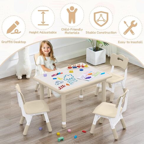 Toddler Table and Chair Set, Height Adjustable-Upgrade Kids Table and 4 Chairs for Ages 3-8, Multi-Activity Toddler Play Table with Graffiti Desktop for Home/Daycare (4Chairs Natural) in Saudi Arabia