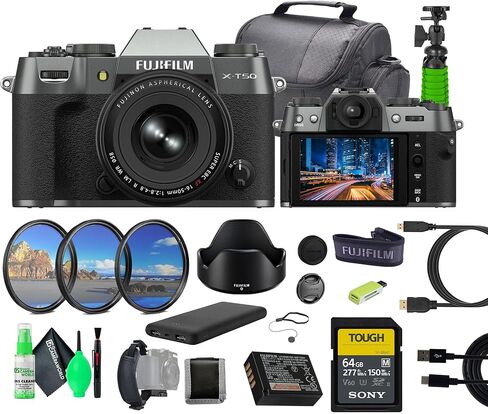 Fujifilm X-T50 Mirrorless Digital Camera XF16-50mmF2.8-4.8 R LM WR Lens Bundle Kit + 64GB Tough UHS-II SDXC Memory Card + Camara Bag + MC PRO Filter + Tripod + More (Charcoal Silver) in Saudi Arabia