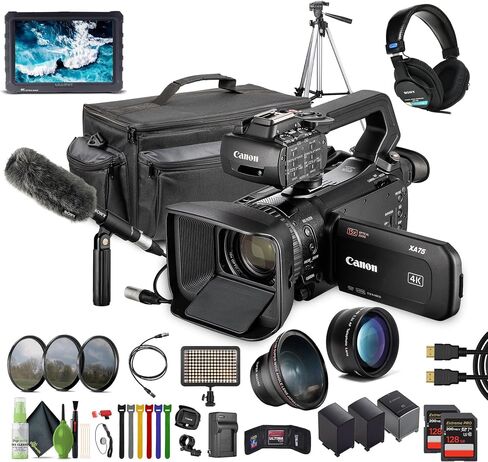 حزمة كاميرا الفيديو Canon XA75 PAL بدقة 4K UHD / 25p مع + 2 بطاقة ذاكرة سعة 128 جيجابايت + ميكروفون مكثف + سماعات رأس استريو احترافية + حامل ثلاثي القوائم للفيديو + ضوء LED + شاشة A7S 7 بوصة عالية الدقة بالكامل + المزيد in Saudi Arabia