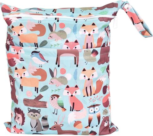 Double Zipper Cloth Diaper Bag, Reusable Changing Bag Cartoon Animal Printing Baby Tote for Hanging Travel Organizer, 30 * 36 CM in Saudi Arabia