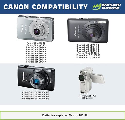 Wasabi Power Battery for Canon NB-4L (2 Pack) and Canon PowerShot SD 400, 430, 450, 600, 630, 750, 780 is, SD940 is, 960 is, SD1000, SD1100 is, 1400 is, TX1, ELPH 100 HS, 300, 310, 330 HS, VIXIA Mini in Saudi Arabia