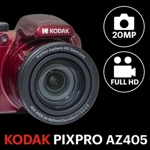 KODAK Pixpro Astro Zoom AZ405 Digital Camera Bridge, X40 Zoom, 24 mm Wide Angle, 20 Megapixels, LCD 3, Full HD 1080p Video, OIS, AA Battery – Red in Saudi Arabia