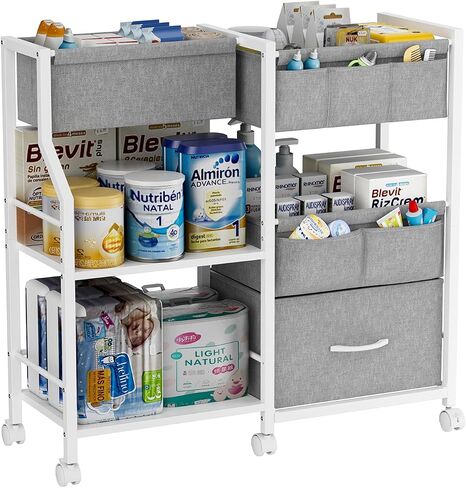 Baby Diaper Caddy Organizer and Storage, 3-Tier Rolling Wheels Cart with Dividers and Shelves, Bedside Utility Cart for Nursery Essentials, Large Capacity Mobile Storage Cart for Crib, White in Saudi Arabia
