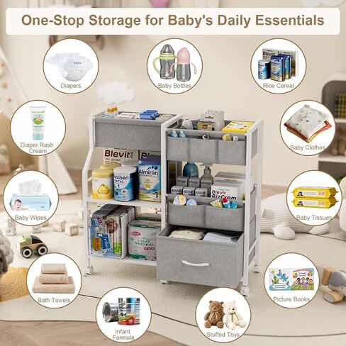 Baby Diaper Caddy Organizer and Storage, 3-Tier Rolling Wheels Cart with Dividers and Shelves, Bedside Utility Cart for Nursery Essentials, Large Capacity Mobile Storage Cart for Crib, White in Saudi Arabia