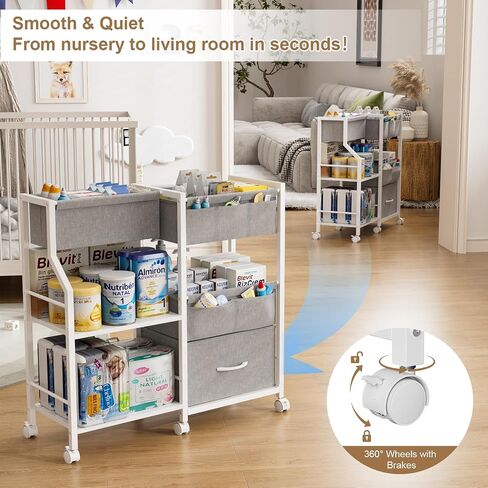 Baby Diaper Caddy Organizer and Storage, 3-Tier Rolling Wheels Cart with Dividers and Shelves, Bedside Utility Cart for Nursery Essentials, Large Capacity Mobile Storage Cart for Crib, White in Saudi Arabia