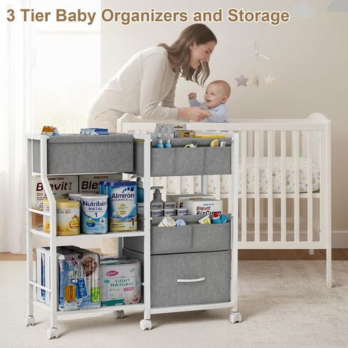 Baby Diaper Caddy Organizer and Storage, 3-Tier Rolling Wheels Cart with Dividers and Shelves, Bedside Utility Cart for Nursery Essentials, Large Capacity Mobile Storage Cart for Crib, White in Saudi Arabia