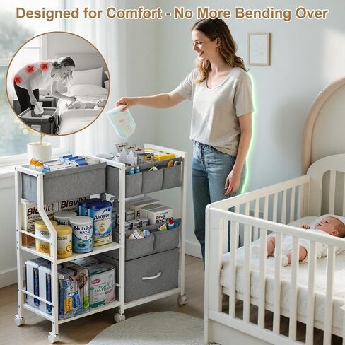 Baby Diaper Caddy Organizer and Storage, 3-Tier Rolling Wheels Cart with Dividers and Shelves, Bedside Utility Cart for Nursery Essentials, Large Capacity Mobile Storage Cart for Crib, White in Saudi Arabia