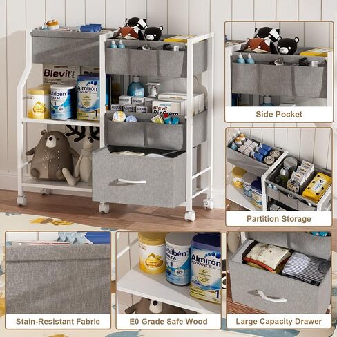 Baby Diaper Caddy Organizer and Storage, 3-Tier Rolling Wheels Cart with Dividers and Shelves, Bedside Utility Cart for Nursery Essentials, Large Capacity Mobile Storage Cart for Crib, White in Saudi Arabia