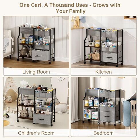 Baby Diaper Caddy Organizer and Storage, 3-Tier Rolling Wheels Cart with Dividers and Shelves, Bedside Utility Cart for Nursery Essentials, Large Capacity Mobile Storage Cart for Crib, White in Saudi Arabia