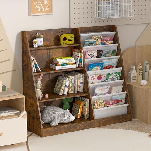 NACHES 3 Tier Kid Bookshelf Wooden 4 Sling Children Bookcase Toddler Adjustable Book Rack Display Toy Storage Organizer Book Display Shelf Classroom Bedroom Nursery Playroom,25inch (White, Small) in Saudi Arabia
