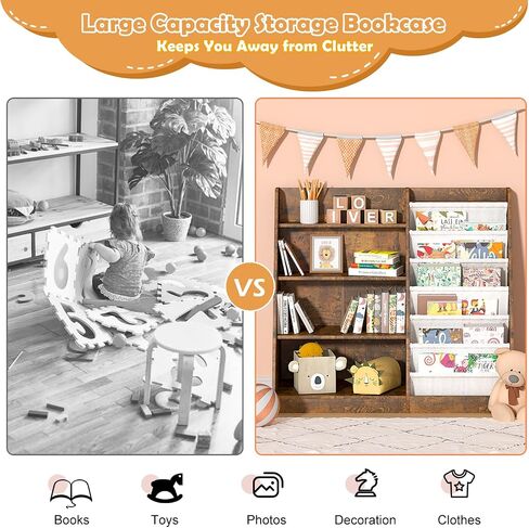 NACHES 3 Tier Kid Bookshelf Wooden 4 Sling Children Bookcase Toddler Adjustable Book Rack Display Toy Storage Organizer Book Display Shelf Classroom Bedroom Nursery Playroom,25inch (White, Small) in Saudi Arabia