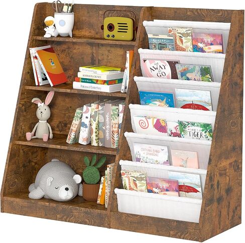 NACHES 3 Tier Kid Bookshelf Wooden 4 Sling Children Bookcase Toddler Adjustable Book Rack Display Toy Storage Organizer Book Display Shelf Classroom Bedroom Nursery Playroom,25inch (White, Small) in Saudi Arabia