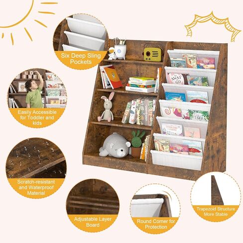 NACHES 3 Tier Kid Bookshelf Wooden 4 Sling Children Bookcase Toddler Adjustable Book Rack Display Toy Storage Organizer Book Display Shelf Classroom Bedroom Nursery Playroom,25inch (White, Small) in Saudi Arabia