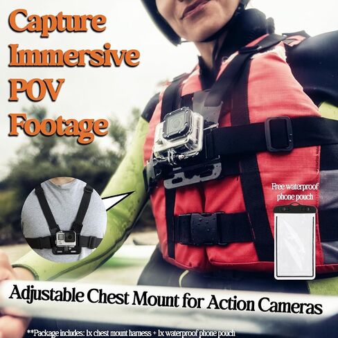 حزام تثبيت على الصدر متوافق مع GoPro Hero 13، 12، 11، 10، 9، 8، 7، 6، 5، 4، جلسة، 3+، 3، 2، 1، ماكس، هيرو (2018)، مع حقيبة هاتف مقاومة للماء in Kuwait