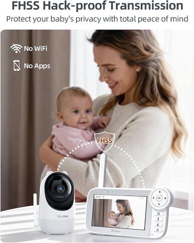جهاز مراقبة الأطفال Madaz No WiFi مع رؤية ليلية ملونة، شاشة 5 بوصات عالية الدقة، كاميرا تكبير قابلة للإمالة 1080 بكسل، تهويدات، مستشعر درجة الحرارة، حديث في اتجاهين، نطاق 1000 قدم + ضوء ليلي على شكل بطة in Saudi Arabia