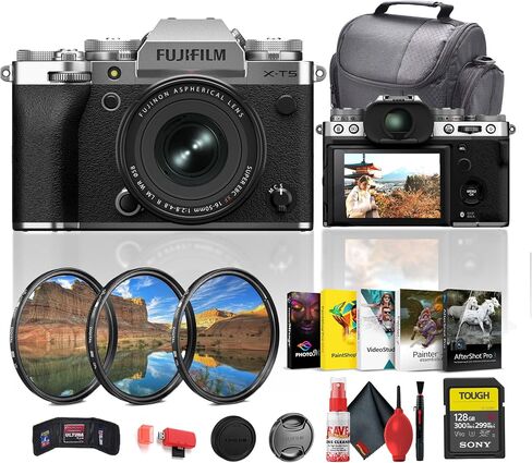 Fujifilm X-T5 Mirrorless Camera with XF 16-50mm Lens in Silver (16843014) Bundle Including: 128 GB Memory Card, 3-Piece Filter Kit, Art Studio Software, Camera Case, Card Reader, Full Cleaning Kit in Saudi Arabia