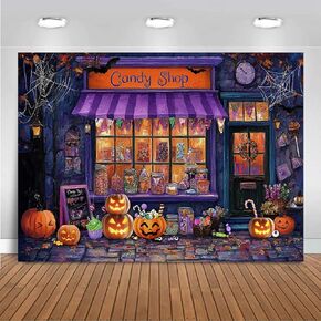 Mocsicka Halloween CandyShop خلفية الأرجواني اليقطين فانوس ماجيك كاندي شوب خلفية عيد الهالوين Famiy زينة الحفلات لخلفية التصوير الفوتوغرافي (7 × 5 قدم (82 × 60 بوصة)) in Kuwait
